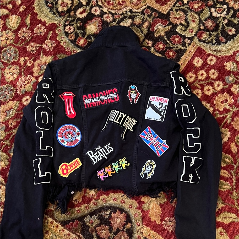 Black Denim Jacket with Band Patches